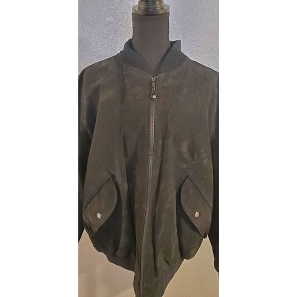 Foxrun Vintage Bomber Suede Jacket front pockets snap buttons in Black Size Larg - Picture 5 of 11